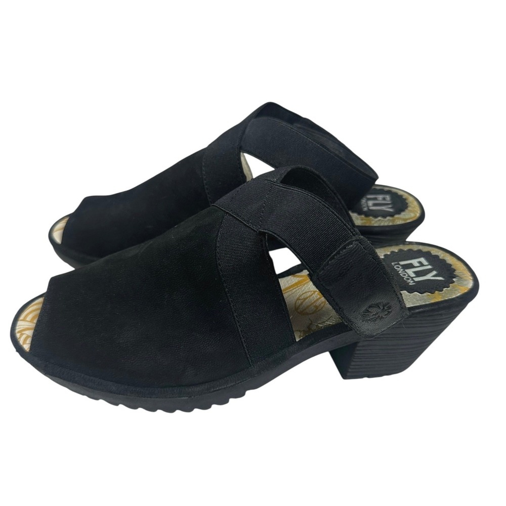 Fly London Black Suede Leather Peep Toe Ankle Strap Heel Sandals Size EU 38